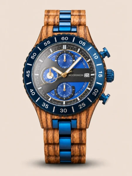 Norvik Ocean, cronografo Woodenson in legno chiaro con dettagli blu